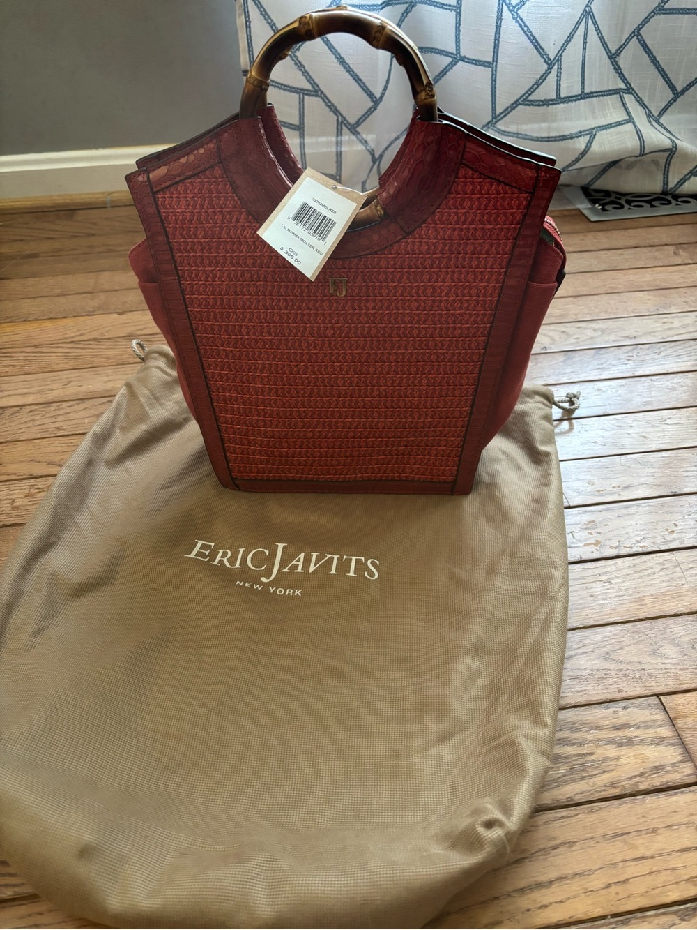 Eric Javits Brick Red Woven Tote with Bamboo Handles